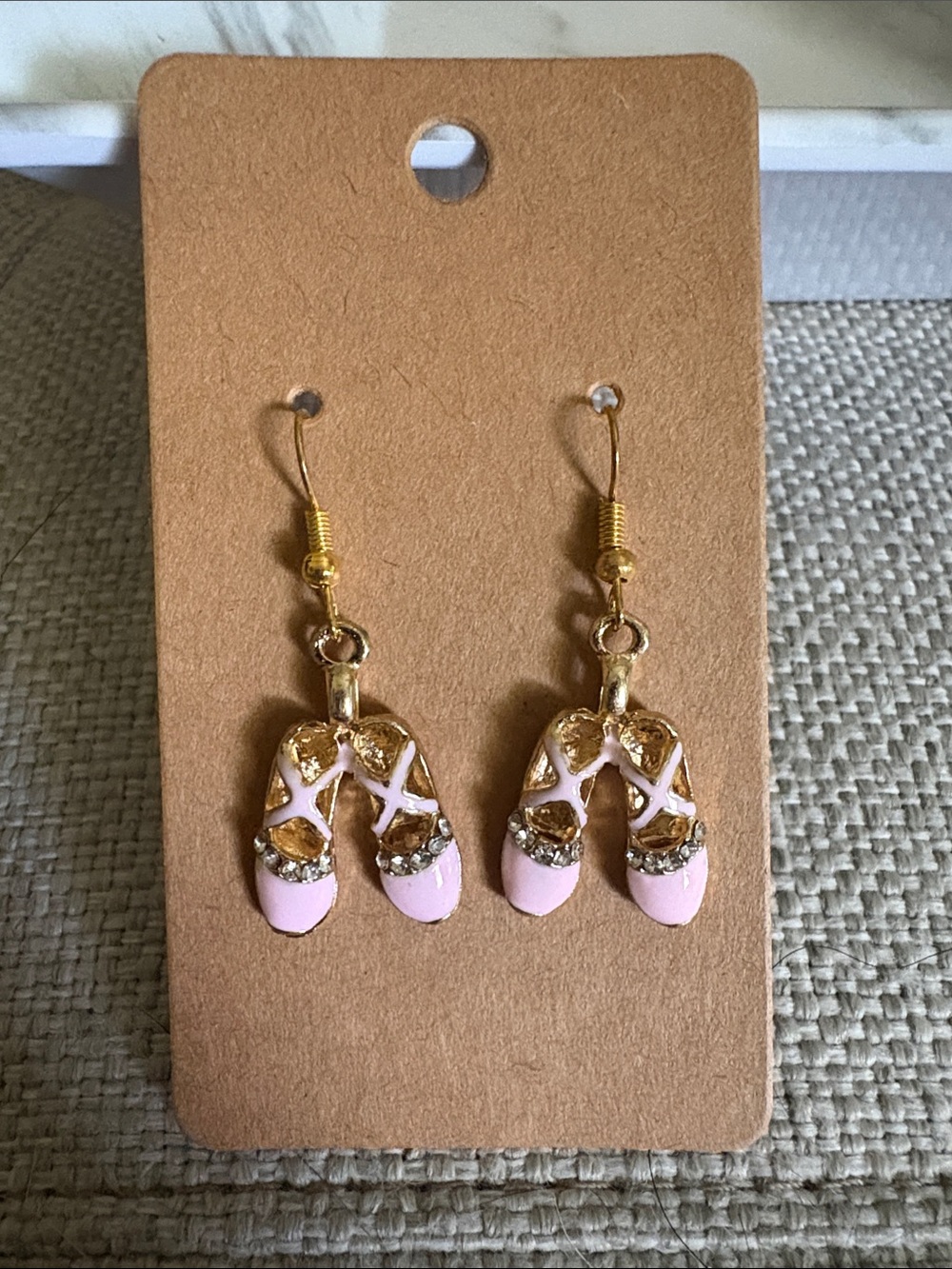 Gold & Pink Ballet Slipper Dangle Earrings